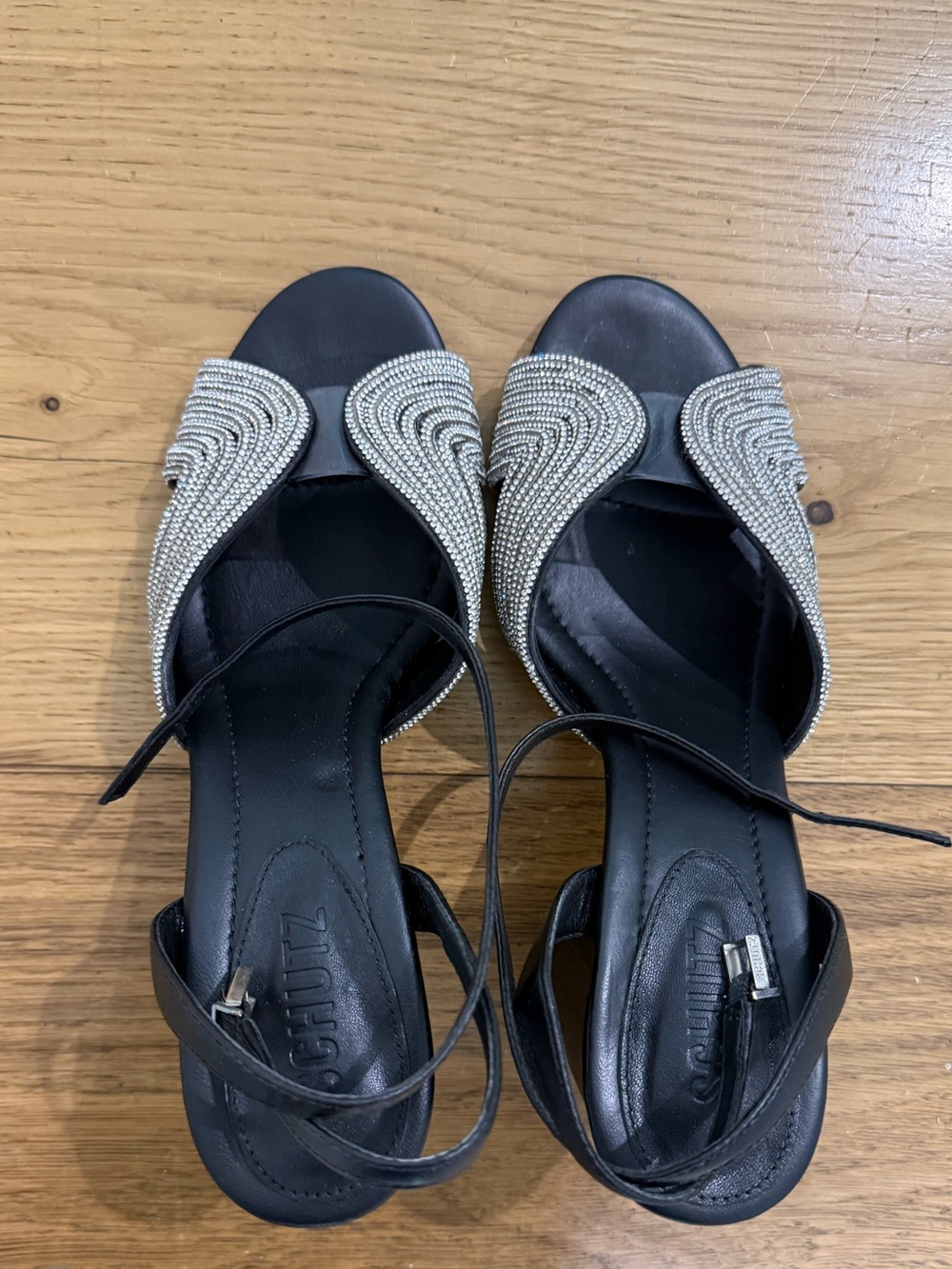 SCHUTZ Black Heeled Sandals with Silver Crystal Accents